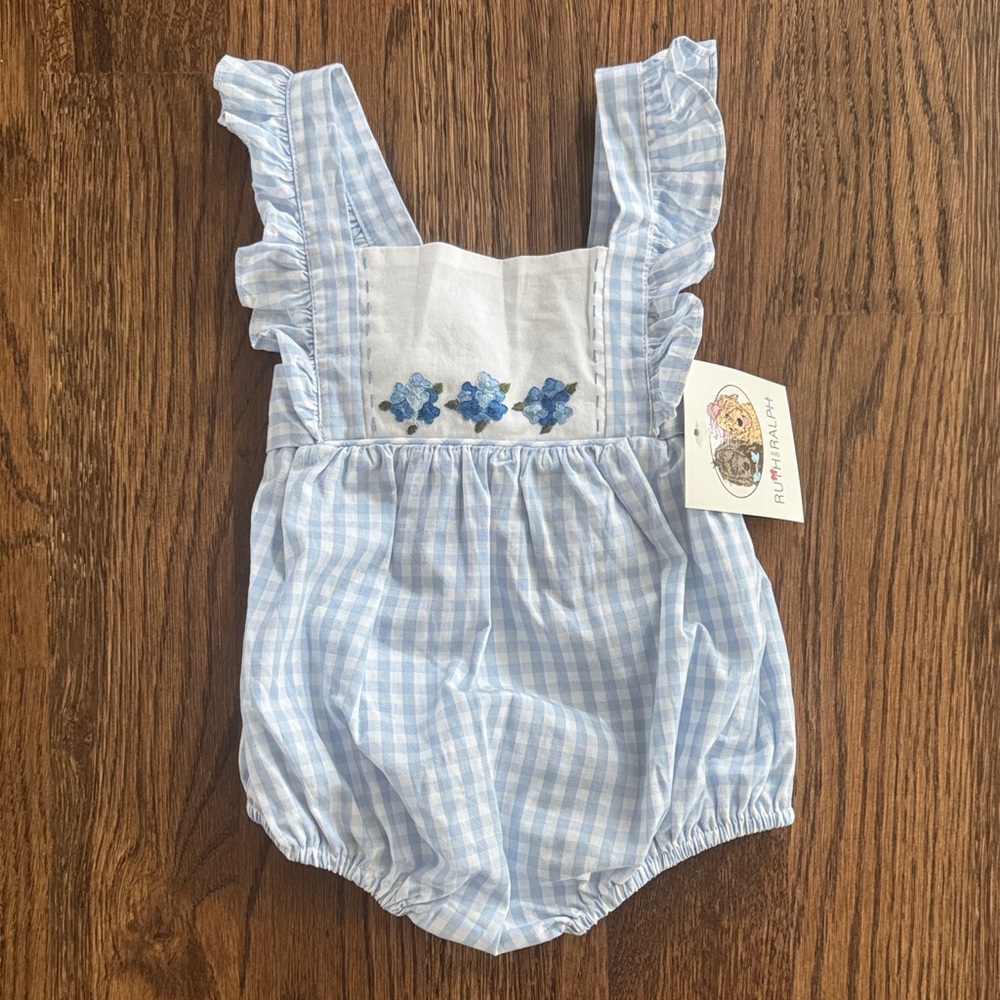 Ruth And Ralph Blue Bonnets Gingham Floral Embroidered Bubble